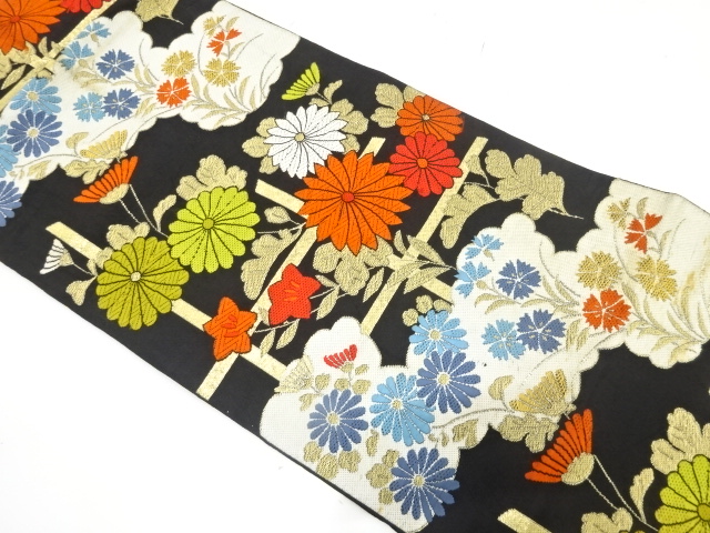 JAPANESE KIMONO / ANTIQUE FUKURO OBI / WOVEN KIKU & BALLOON FLOWER